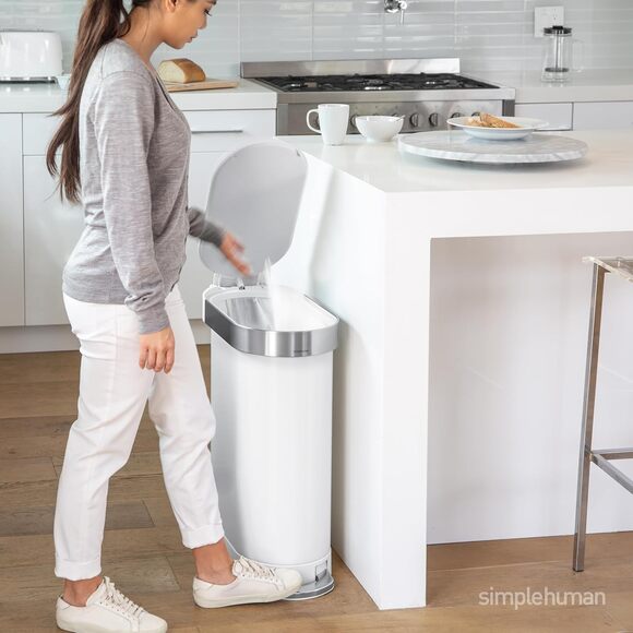 12 Gallon Step Trash Can White Stainless Steel Slim Kitchen Bin Hands Free 45L - Picture 2 of 9